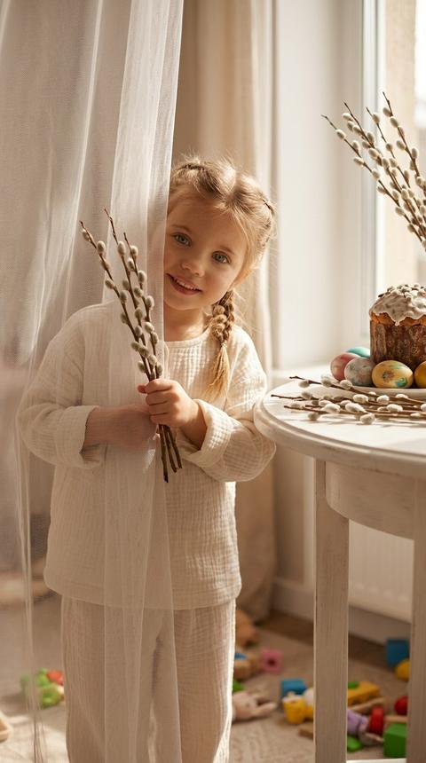 Create a portrait, without changing facial features. An adorable child peeks out from behind a white translucent tulle curtain and holds willow branches. The child wears a loose milk-colored muslin outfit. Soft warm sunlight creates a magical atmosphere. Next to the window is a round white dining table, on which there are willow branches, a festive kulich, and several colorful Easter eggs; toys are scattered on the floor. Photorealistic style, magic of an everyday moment, coziness, childlike tenderness, close-up. Format 9:16.