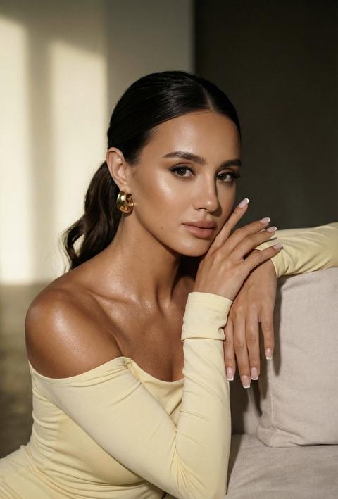 Создай портрет, не меняя черты лица. Женщина с безупречным макияжем, волосы собраны гладкий  хвост с волной. На теле хайлайтер. стиль у2k
Она позирует с лёгким наклоном тела вправо , руками упирается на мягкую поверхность, светлый диван . На ней платье нежно желтое с открытыми плечами, по фигуре, с длинными рукавами, подчеркивает загар , ключицы с зайлайтером. Ее руки скрещены возле подбородка, маникюр нежный квадратный. 
Освещение в кадре мягкое и рассеянное, тёплое, падает преимущественно с левой стороны, подчёркивая рельеф лица и создавая лёгкие тени, которые придают объём и глубину образу. Фон в глубине кадра частично скрыт тенью, с контрастом между светлой зоной слева и более тёмной справа, создавая гармонию и а внимание на лицевой части и верхней половине фигуры. Вся сцена камерной, интимной и стильной, где каждая деталь - от позы до т
- объединяется в эстетически выверенный художественный излучающий уверенность и спокойное очарование. фотореализм
изображение, высокая текстурная детализация, высокое качество, разрашение
8K. Raw photo, зернистость пленки по всему фото, 
золотая обьемная серьга.
Фото 9:16