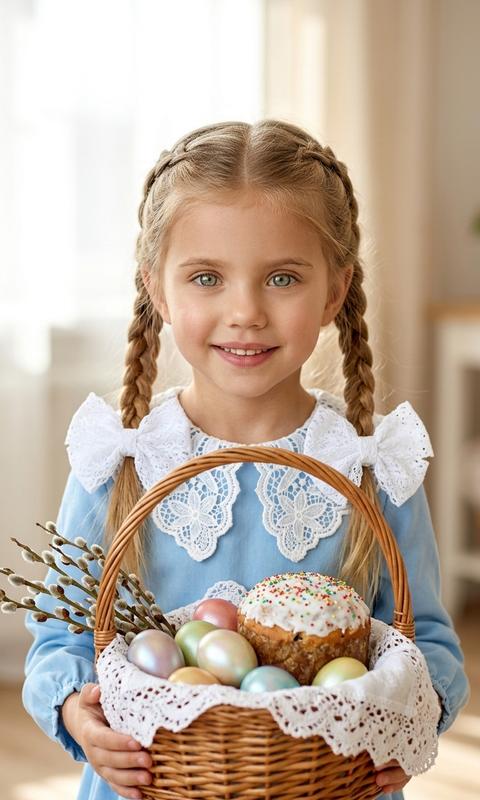 Портрет молодой девочки одетой в голубое платье с белым воротником ажурным, волосы уложены в две косички с двумя крупными белыми бантами по бокам. Девочка держит в руках корзинку плетеную, в ней яйца крашенные перламутровые, пасха с посыпкой, и верба, частично прикрыто все белым ажурным платком, выражение лица спокойное, уверенное с легкой улыбкой , взгляд направлен прямо в камеру. Фон — светлая комната с солнечным светом. Стиль фотографии фотореалистичный, современный, с акцентом на чистоту деталей и натуральность внешности. Освещение мягкое, студийное, равномерно освещающее лицо и форму, без жёстких теней, подчёркивающее текстуру ткани и естественный тон кожи. Атмосфера спокойная, трогательная, передающая чистоту, аккуратность и символичность образа. Крупный портретный план, высокая детализация лица, резкий фокус на глазах, малая глубина резкости, профессиональная портретная съёмка, объектив 85mm, f/2.0, ultra realistic, natural skin texture, sharp focus, soft background blur, 8k resolution, high detail, professional photography.