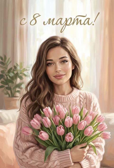 A young woman with wavy hair, with expressive eyes and a gentle smile, holding a large bouquet of pink tulips. Dressed in a bulky, light pink, chunky knit sweater. Light makeup on her face, emphasizing natural beauty. Do not change facial features.
Room interior with a muted background, possibly a living room or bedroom. Curtains or drapes in the background create a soft atmosphere. Light falls from a window, creating highlights and shadows, indicating daytime, possibly morning or early afternoon.
Digital painting in realism style with elements of impressionism. Soft, pastel tones predominate, with an emphasis on pink and peach hues. Brushstroke texture is visible, giving the image a painterly quality. The overall atmosphere is gentle, warm, and romantic.
Soft, diffused natural lighting, falling from the side and slightly from above. The light emphasizes the volume and form of objects, creating delicate transitions between light and shadow. Soft highlights are visible on the tulips and the woman's face.
Medium shot, focusing attention on the woman and the bouquet. The woman occupies the central part of the composition, slightly shifted to the side, which adds dynamism. The bouquet of tulips voluminously frames her and acts as an important element. The background is slightly blurred, creating a depth-of-field effect (bokeh). Above, in a beautiful font, the inscription "Happy March 8th!"