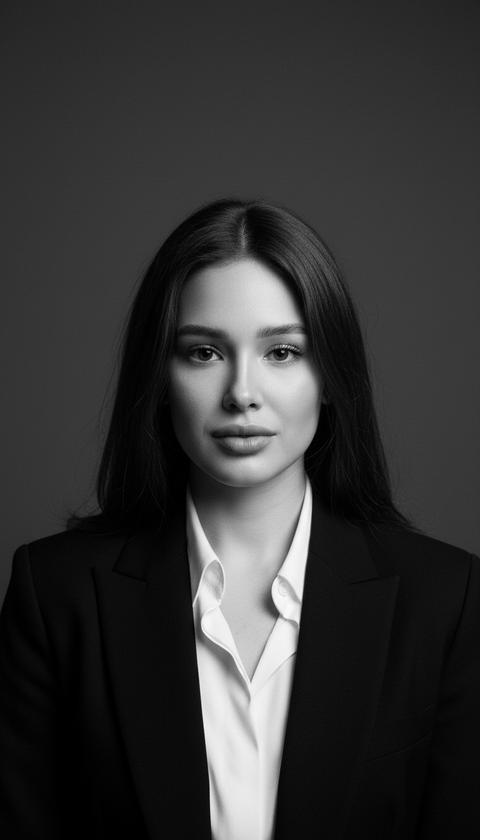 СТРОГО сохранить внешность 1:1 — черты лица, текстуру кожи, цвет и длину волос. Формат 3:4. Чёрно-белый студийный портрет по грудь. Камера строго на уровне глаз, без наклона. Поза: корпус направлен прямо в камеру, плечи симметричны. Голова ровно, без наклона и поворота. Взгляд строго в объектив. Губы слегка сомкнуты, нейтральное выражение. Волосы распущены, пробор по центру, лежат естественно по обе стороны лица. Одежда: чёрный пиджак, под ним белая рубашка с расстёгнутым воротом. Фон однотонный тёмно-серый. Освещение: мягкий, но направленный свет сверху-сбоку (top-down diffused), с лёгким контровым светом по контуру волос для отделения от фона. Усиленный микроконтраст кожи, чёткая проработка текстуры, глубокие тени и яркие хайлайты без пересветов. Лёгкое плёночное зерно, crisp detail, cinematic editorial look, 85mm, f/2.8, Hasselblad.
