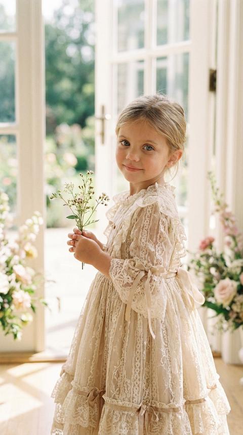 portrait photography, девочка в винтажном нарядном образе, стоит вполоборота к камере и оглядывается через плечо с мягкой полуулыбкой, в руках небольшой полевой цветок/веточка мелких цветов (держит двумя руками у груди), уютный светлый интерьер у больших французских дверей/окон с размытым садом на фоне и лёгкими цветочными композициями по бокам, мягкий естественный дневной свет из окна слева + лёгкий заполняющий отражатель справа, без жёстких теней, камера 85mm, f/1.8, 1/200, ISO 200, точный фокус на глазах, малая глубина резкости и кремовое боке, цветокоррекция тёплая пастельная (молочно-кремовые, бежевые, нежно-персиковые тона), умеренный контраст, мягкие хайлайты, лёгкое плёночное зерно, без кислотных цветов, высокая детализация ткани (кружево/оборки/ленты) и волос, аккуратная естественная мимика, чистая композиция, без логотипов и текста, реалистичная кожа без пластикового эффекта, без чрезмерной ретуши, без иллюстративного или мультяшного стиля, естественная текстура кожи, минимальная обработка, без прыщей/воспалений/пятен, без “глянцевой маски”, ultra realistic, 4k, editorial child portrait.