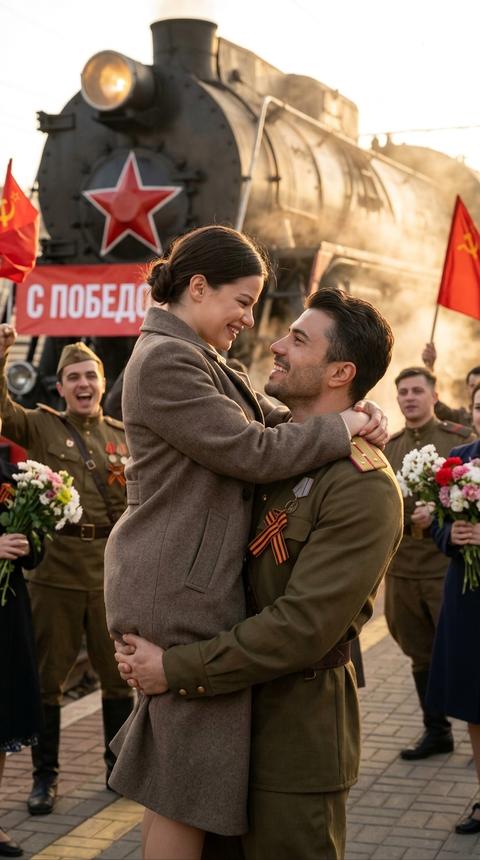 Вертикальный кадр, фотореализм. Мужчина в советской форме 1940-х поднимает женщину на руках; они боком к камере. она обнимает его за шею, они смотрят друг на друга с трогательной победной улыбкой; на фоне их сзади украшенный паровоз с красной звездой и плакатом "С Победой!", цветы, дым, тёплый золотой кинематографический свет, средний план, мягкое боке. их внешность сохрани без изменений с исходных фото.
• Поза: мужчина держит женщину на руках, она обнимает его за шею, близкий взгляд.
• Одежда: оливковая военная форма 1940‑х — шинели/мундира, ремни, погоны, медали, георгиевская ленточка.
• Эмоция: радость, облегчение и трогательная победная нежность. атмосфера праздника 9 мая