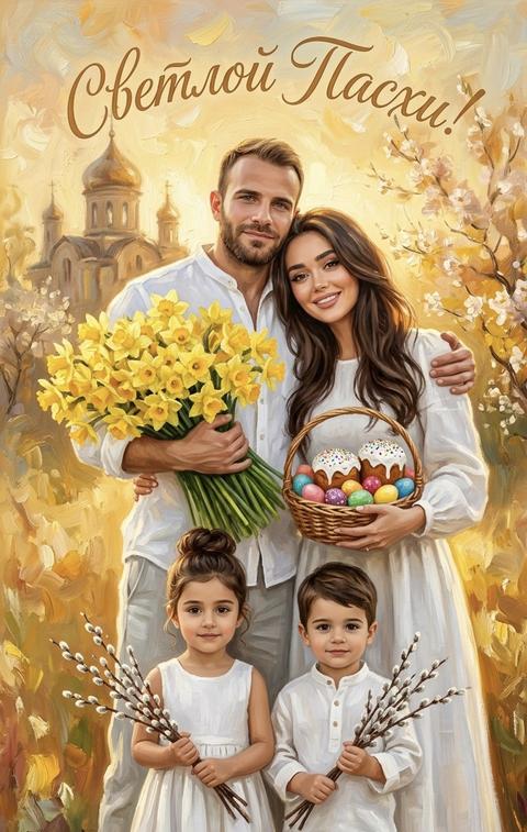 Схожесть 100%, не меняй черты лица людей и их возраст.
Гиперреалистичное, вертикальное фото \- точная копия изображения из референса: мужчина в белой льняной рубашке, светло\-серых льняных брюках обнимает женщину и держит огромный букет нарциссов, а женщина в белом льняном платье с длинными рукавами держит в руках плетеную корзину с ярко\-разукрашенными пасхальными яйцами и пасхальными куличами с белой глазурью, и посыпкой\. Впереди стоят дети в белой льняной одежде , с длинным рукавом, и держат в руках вербу.
Стиль: густая, масляная живопись с выраженными мазками
\(oil painting, heavy brushstrokes\)\.
Фон в теплых, желто\-оранжевых тонах с выраженными мазками\. В верхней части изображения художественная надпись, выполненная каллиграфическим шрифтом в тон к общей палитре дугой на русском языке : «Светлой Пасхи!»
Мягкий, солнечный свет, малая глубина резкости, создающая уют и тепло\.