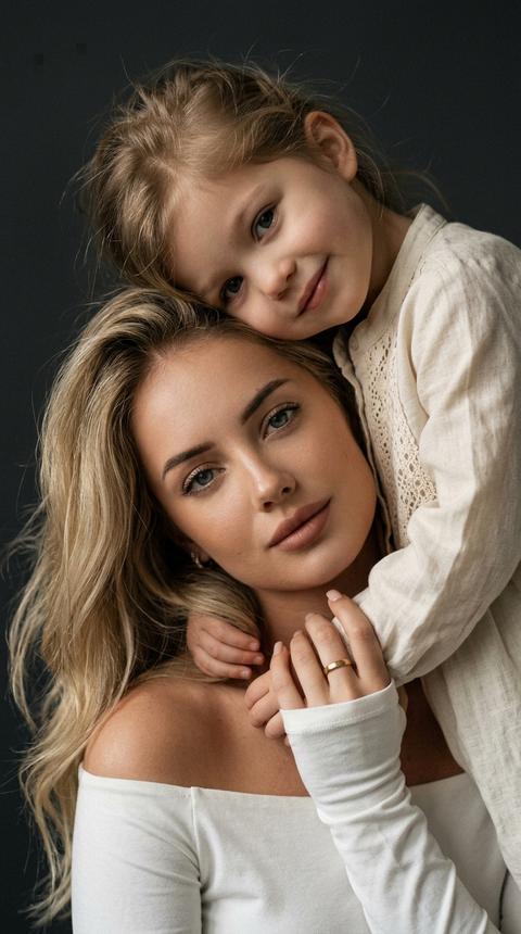 Create a portrait without changing facial features. Cinematic portrait of a Mother and child. Artistic family studio photoshoot of a mother and child. Composition - vertical portrait, close-up of faces.
Mother at the bottom looks directly into the camera, face frontal.
Child at the top, head turned to the side, cheek resting on the mother's head, looking into the camera with a gentle smile. The child's arm hugs the mother's neck, visible in the frame.
Faces are positioned one above the other, close together. Mother holds the child's hand with her hand.
Child in a milky linen shirt with lace. The woman has flawless makeup, powder brown lips, a light tan, long wavy hair. She is in a white form-fitting long-sleeve top with thumb holes, with a ring on her finger. Shoulders are bare. Nude square manicure. Background - dark grey almost black plain studio, creating a dramatic contrast.
Lighting - soft studio side, creating volume.
Atmosphere tender, intimate, loving, touching. Light falls from a window. The woman smiles gently. Grain.