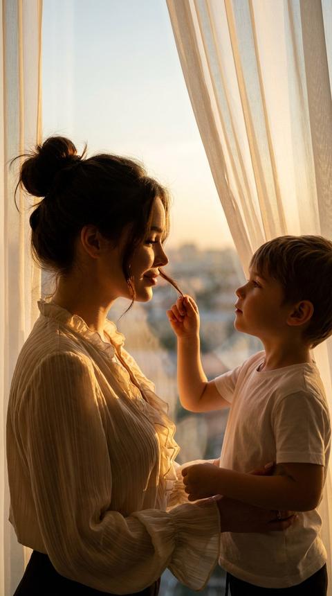 Не меняя внешности людей с фото, в тёплом, мягком свете заходящего солнца, льющемся сквозь тонкую белую занавеску, запечатлён трогательный момент между женщиной и маленьким мальчиком. Женщина стоит боком к камере, слегка повернув голову в профиль, на её лице мягкая, чуть загадочная улыбка, отражающая нежность и спокойствие. Её тёмные волосы собраны в небрежный пучок, причем одна волна волос аккуратно свисает и её бережно держит мальчик, словно заплетая или играя с ней. На женщине лёгкая, воздушная блуза кремового оттенка с мелкими складками и рюшами по воротнику, ткань выглядит тонкой и слегка прозрачной, передавая уют и домашнее тепло. Мальчик, который уверенно стоит лицом к женщине, встречая её взгляд с любопытством и вниманием, одет в простую белую футболку, текстура которой видна благодаря мягкому направленному свету. Его руки подняты, одна аккуратно касается волос женщины, что подчеркивает близость и доверие между ними. Фон остаётся размытым, за окном виднеется неразличимый городской пейзаж, заливаемый золотыми лучами заката. Полупрозрачная штора смягчает свет, создавая атмосферу уединения и тёплой домашней обстановки, в которой каждый жест наполнен глубоким смыслом. Глубокие тени и световые блики придают кадру кинематографичность, эмоциональную насыщенность и подчёркивают интимность момента, оставляя ощущение тихой радости и любви. Вся сцена наполнена уютом и гармонией, где каждая деталь — от текстур одежды до выражения нежности в прикосновениях — раскрывается с максимальной эмоциональной выразительностью, фотореалистичное изображение, высокая текстурная детализация, высокое качество, разрешение 8K.