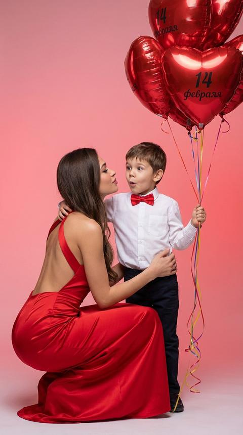 Используя  представленные фото , не изменяя  и не искажая  лиц,  создайте сцену вокруг них, но сохраните их лица неизменными.
Сцена : Мать и сын 4-ех лет вместе, на переднем плане. гиперреалистичный вертикальный кадр 9:16 Женщина в элегантном ярко - красном атласном платье, с облегающим верхом и открытой спиной, который акцентирует внимание на её фигуре. В её позе — нежность и забота. Она сидит на корточках боком к камере слегка наклонила голову в сторону сына, её рука обвивает его талию, при этом она держит его за плечо, словно защищая и показывая тепло в их связи. ноги девушки  скрыты за платьем. Мальчик в белой рубашке с красной бабочкой или галстуком и тёмных брюках, его поза более игривая — он слегка приподнял подбородок, выражая удивление и интерес. Его взгляд устремлён на мать, а он, в свою очередь, держит одной рукой  её за руку, передавая всю её заботу и внимание. Во второй руке он держит за тонкие разноцветные ленты, несколько красных фольгированных шаров в форме сердца. На каждом шарике чёткой и правильно выполненной кириллицей надпись: “14 февраля” (ровный читаемый шрифт, без искажений). Шары блестящие, с реалистичными отражениями и мягкими бликами, цвет насыщенный красный,
Фон - розово-красная студийная сцена на гладком розовом фоне.  циклорама