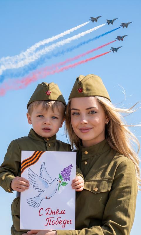 Create a half-body portrait, without altering facial features or expressions, depicting a woman and a boy dressed in olive-green Soviet-era military uniforms and identical garrison caps adorned with a red star emblem. The woman has long hair, with strands blowing in the wind. She looks directly at the viewer with a soft smile, her face slightly tilted towards the camera. She is holding the child in her arms. The boy also looks towards the camera, holding a handmade drawing of a white dove carrying a sprig of purple lilac. In the top left corner of the drawing, there is a St. George ribbon, and below the dove, the words "С Днём Победы" (Happy Victory Day) are written in red font. The background is a bright, clear blue sky, across which several fighter jets fly in formation from top right to left, leaving trails of white, blue, and red smoke, forming the colors of the Russian flag in the sky. The lighting is natural and bright, suggesting an outdoor setting on a sunny day. The overall mood is patriotic, celebratory, and heartfelt. The style is realistic photography.
9:16
8K
Do not change faces!
The boy is 3 years old.