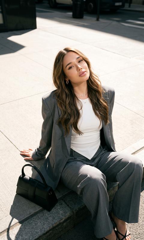 STRICTLY maintain the appearance 1:1 — face, features, proportions, skin texture, skin tone, age, hair length. 3:4 format. Photorealistic fashion street editorial, shot from a top-down angle. A girl is sitting on the edge of a light concrete sidewalk, one leg bent and extending to the right, the other stretched forward diagonally. She is wearing a voluminous gray oversized jacket with wide shoulders, a white fitted top with a round neckline and an asymmetrical pointed hem, wide straight gray trousers matching the jacket. One hand rests on the concrete next to her, the other hand is relaxed on her knee. Her head is raised towards the camera, gaze upwards, expression calm, soft, confident. Hair is down, soft large waves, center parting. Laconic hoop earrings. A black structured bag stands on the concrete to her left. On her feet are thin black sandals. The light is harsh direct sunlight from top right, a deep sharp shadow falls to the bottom left, high contrast, no soft light.