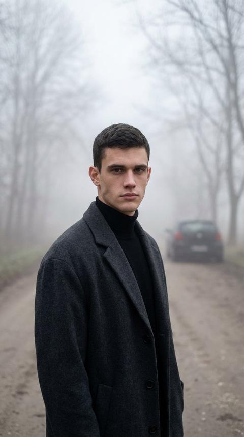 Создай портрет, не меняя черты лица. фотография мужчины  ,  стоящего на пустынной проселочной дороге. Стоит прямо к камере, на нем темно серое оверсайз пальто, черный джемпер с горлом . 
Окружение и композиция:
Фон: Густой туман, сквозь который проглядывают силуэты голых деревьев. На заднем плане в расфокусе (боке) виден силуэт припаркованного автомобиля.
Освещение: Мягкий, рассеянный дневной свет, характерный для пасмурной погоды. Высокий контраст между глубоким черным цветом пальто и светлым туманным небом.
Технические детали (стилистика):
Стиль: Пленочная фотография, мелкое зерно, высокая детализация текстуры волос и ткани.
Объектив: Портретная съемка на 85mm, малая глубина резкости (f/1.8), чтобы эффектно размыть задний план.