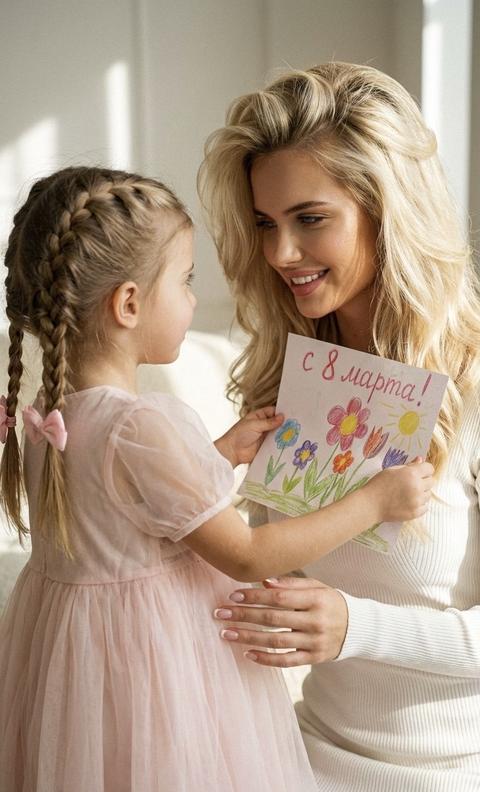 Экстремально крупный план лиц. Девушка и её дочка в комнате светлой, дочка держит детский рисунок с цветами и надпись : с 8 марта !
На дочери нежно розовое воздушное платье, с полупрозрачными рукавами, на голове две косички с нежно розовыми бантами 
Мама смотрит на дочь 
Дочь протягивает рисунок маме 
Мама одета в белое платье лапшу с рукавами 
Волосы у мамы объемные длинные блестящие 
Кинематографический эффект с добавлением зерна. Ногти у мамы френч
Кожа идеальная подсвечена 
Не меняй черты лица