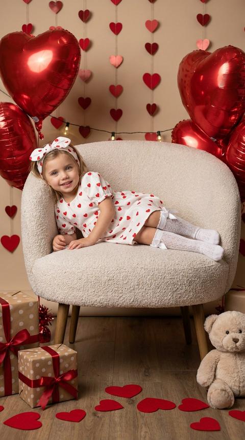 Младенец лежит в мягком кресле с закругленной спинкой, её тело слегка повернуто в сторону, смотрит в камеру, в окружении декоративных элементов в форме сердца. Полноростовой портрет расположен в интерьере, снят на уровне глаз ребенка. Композиция центрирована, кресло занимает центр кадра. Декоративные элементы видны на переднем плане, а фон заполнен висящими шарами.

На ней тканевая повязка на голову с бантом.

На ней свободное белое платье с короткими пышными рукавами. Ткань – легкий хлопок с матовой поверхностью, с принтом из красных сердечек, равномерно распределенных по всей поверхности. На ней белые кружевные носочки до колен с перфорацией и декоративным бантом по краю. Кресло обито светлой фактурной тканью букле с отчетливой текстурой. Рядом на полу сидит мягкий матовый плюшевый мишка. Слева расположены две подарочные коробки, завернутые в крафтовую бумагу с мелкими белыми горошками и атласными лентами. Плоские декоративные элементы в форме красных сердечек разбросаны по полу. На заднем плане прикреплены глянцевые фольгированные шары в форме сердца с отчетливыми бликами и складками по краям. Между ними протянута тонкая гирлянда с маленькими точечными светильниками.

Локация — светлый интерьер с гладкой стеной теплого нейтрального оттенка. Фон полностью заполнен декором в виде сердец. Пространство организовано как тематическая праздничная фотозона.

Освещение мягкое, студийное, с основным светом, расположенным фронтально и чуть выше уровня глаз, создавая равномерное освещение лица и тела. Тени мягкие и плавные, с умеренным контрастом. Мягкий заполняющий свет уменьшает глубину теней. Блики на фольгированных шарах яркие, но контролируемые, без пересветов. Свет подчеркивает текстуру ткани кресла и платья.

Снято на портретный объектив 50 мм. Малая глубина резкости с резким фокусом на лице и передней части кресла. Фон слегка размыт. Текстуры ткани, фольги и кожи очень детализированы. Постановочная студийная праздничная фотография, высокодетализированная, фотореалистичная.

Теплое праздничное студийное настроение,
теплая цветовая температура с преобладающими красными тонами,
контраст мягкого бежевого и яркого красного,
от умеренной до высокой насыщенности,
средний контраст с мягкими краями теней,
равномерное фронтальное освещение,
контролируемые яркие блики на отражающих поверхностях,
плавный спад светов,
теплая естественная передача оттенка кожи,
чистая гладкая текстура с минимальной зернистостью,
отполированная студийная цветокоррекция.