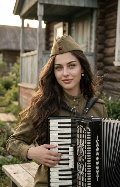 Создай портрет, не меняя черты лица. 
Захватывающий портрет  женщины с красивыми волосами, одетой в военную форму советских времен, включая тунику цвета хаки и пилотку с эмблемой красной звезды. Она сидит на лавочке, возле деревенского дома, держа в руках черный аккордеон с белыми пуговицами и мехами, ее руки изящно лежат на инструменте. Ее взгляд мягко направлен в камеру, с легкой улыбкой. На видимом ухе она носит одну жемчужную серьгу. Композиция представляет собой средний план, где женщина и аккордеон доминируют в нижних двух третях кадра. Она расположена немного правее центра. Безупречный макияж , губы розово коричневые, волосы длинные волнистые их слегка раздувает ветер.   Золотой час, красивый свет, подчеркивающее ее лицо, детали униформы и аккордеона. 