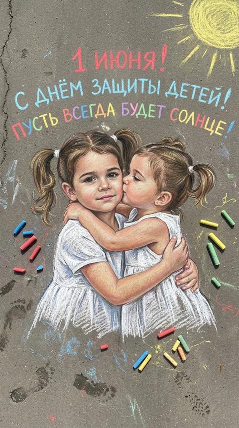 Create, without changing facial features. A realistic photograph, top-down view, of a large-scale drawing made with colorful chalk on asphalt. On a gray, slightly cracked asphalt surface, two embracing children are depicted: an older child and a younger child. They are wearing white dresses and have braids. The child on the right is kissing the older child on the cheek. Faces and clothing are drawn in detail, preserving the chalk texture. Above the children, texts are written in chalk of different colors: in red 'JUNE 1ST!', in blue 'HAPPY CHILDREN'S DAY!', and in multicolored 'MAY THERE ALWAYS BE SUNSHINE!'. In the upper right corner, a yellow sun is drawn. Around the drawing, used colorful chalk sticks are scattered chaotically: red, blue, yellow, green, etc. Chalk traces and footprints are visible on the asphalt. Natural daylight, clear detailing of chalk and asphalt textures.