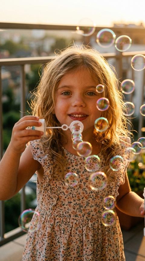 Кинематографический эффект с добавлением зерна
близкий кадр девочки  
Не меняй черты лица 
Качество 8К
Формат 9:16
Закатный свет (золотой час), который красиво подсвечивает волосы и пузыри.
На ней легкое платье в цветочек с рюшами. Волосы распущены и слегка вьются.
Стоит на балконе и выдувает мыльные пузыри. В кадре много пузырей, они переливаются на солнце.