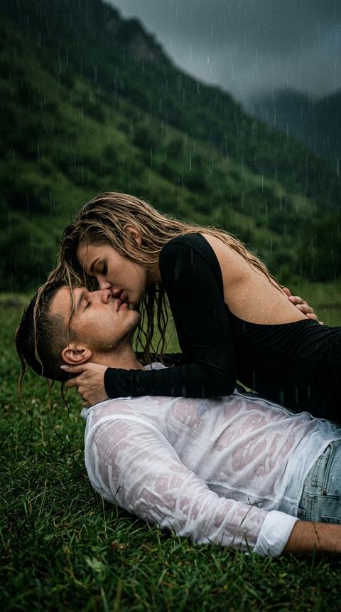 Create a portrait, without changing facial features. Extreme close-up, shoulder-up. A girl and a man are lying on low green grass under a green mountain. The man is underneath, the girl is on top. The girl is wearing a form-fitting black dress, open back. The man is in a white linen shirt and light jeans, it's raining. They are kissing, embracing. The girl's hair is wet, long, and wavy. Detailed raindrops on the skin. Cinematic effect with added grain. Flawless female makeup. Photo darkened 9:16.