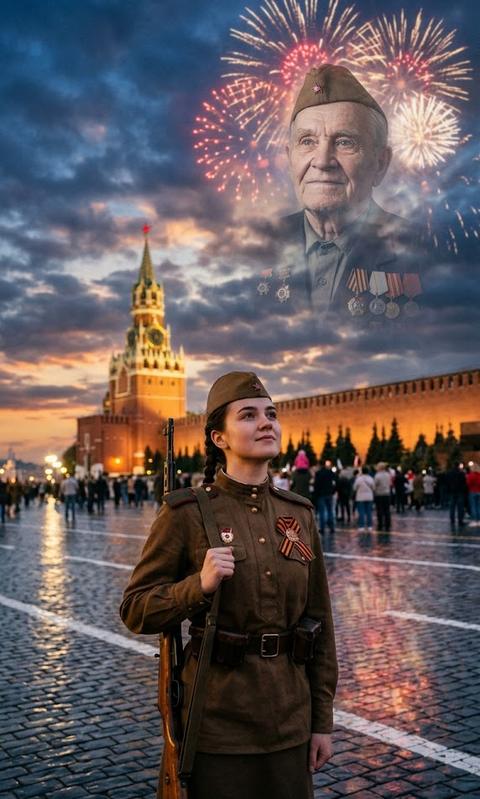 кинематографичный портрет девушки в форме времён Второй мировой войны (советская военная форма), стоит на Красной площади в Москве, пилотка на голове, георгиевская лента на груди, видна башня Кремля на фоне, драматическое закатное небо с облаками, в небе яркие салюты, мокрая брусчатка отражает огни города, тёплое мягкое освещение, объёмный свет, высокая детализация, реалистично, глубина резкости, съёмка на объектив 85mm, взгляд направлен немного вверх, героическая композиция, атмосфера памяти и гордости, над ней в небе большой полупрозрачный образ пожилого ветерана в военной форме, как дух-защитник из облаков, кинематографично, эмоционально, эпично, 8k, высокая детализация. 9:16