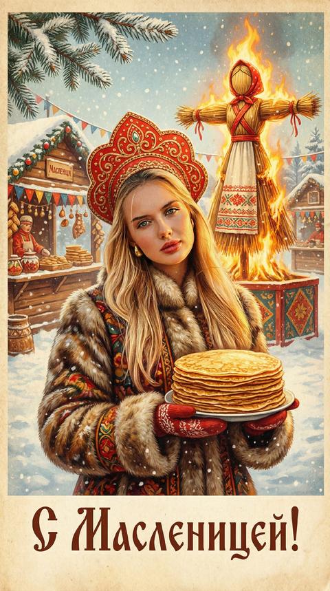 Не меняй черты лица ! Сделай из этой фотографии старую открытку в стиле Масленицы. Добавь ветки елки, блины, горящее чучело. Атмосфера праздничных гуляний, ярмарки. Надпись сделай: С Масленицей! Стиль советские сказки, открытки. Добавь сказочности и красочности. Она на фоне чучело горящего зимой, на голове красный кокошник, и шуба, в руке держат блины. Позу оставь , как на фото. Формат 9:16
Не меняй черты лица, сохрани глаза ,губы, нос лицо.
Строго не меняй черты лица!