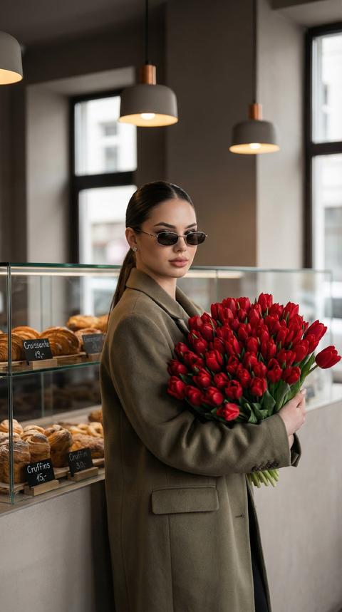 Создай портрет, не меняя черты лица. Фотопортрет в стиле «street style» молодой элегантной девушки в интерьере современной минималистичной пекарни-кондитерской. Она стоит лицом к камере, . В руках она держит огромный, густой букет ярко-красных тюльпанов, которые создают мощный цветовой акцент.
Детализация образа:
Внешность и одежда: Девушка с идеально гладкой прической (низкий хвост), в стильных солнцезащитных узких очках . На ней надето качественное кашемировое пальто пиджак оливкового цвета свободного кроя. Макияж безупречный, в нюдовых тонах.
Окружение: На заднем плане — стеклянная витрина с аппетитной выпечкой (круассаны, краффины), видны ценники в лаконичном стиле. Интерьер в приглушенных кофейных и серых тонах с мягким теплым освещением от подвесных ламп.
Стиль съемки: Профессиональная фотография, малая глубина резкости (красивое размытие заднего плана/боке). Цветокоррекция в эстетике Instagram: мягкие тени, пониженная насыщенность всех цветов, кроме ярко-красного цвета тюльпанов. Кинематографичное освещение.
Освещение: Естественный свет из окна в сочетании с теплым интерьерным светом.
Камера: 85mm lens, f/1.8 (для достижения эффекта портретной глубины). Создай портрет, не меняя черты лица. Фотопортрет в стиле «street style» молодой элегантной девушки в интерьере современной минималистичной пекарни-кондитерской. Она стоит лицом к камере, . В руках она держит огромный, густой букет ярко-красных тюльпанов, которые создают мощный цветовой акцент.
Детализация образа:
Внешность и одежда: Девушка с идеально гладкой прической (низкий хвост), в стильных солнцезащитных узких очках . На ней надето качественное кашемировое пальто пиджак оливкового цвета свободного кроя. Макияж безупречный, в нюдовых тонах.
Окружение: На заднем плане — стеклянная витрина с аппетитной выпечкой (круассаны, краффины), видны ценники в лаконичном стиле. Интерьер в приглушенных кофейных и серых тонах с мягким теплым освещением от подвесных ламп.
Стиль съемки: Профессиональная фотография, малая глубина резкости (красивое размытие заднего плана/боке). Цветокоррекция в эстетике Instagram: мягкие тени, пониженная насыщенность всех цветов, кроме ярко-красного цвета тюльпанов. Кинематографичное освещение.
Освещение: Естественный свет из окна в сочетании с теплым интерьерным светом.
Камера: 85mm lens, f/1.8 (для достижения эффекта портретной глубины).