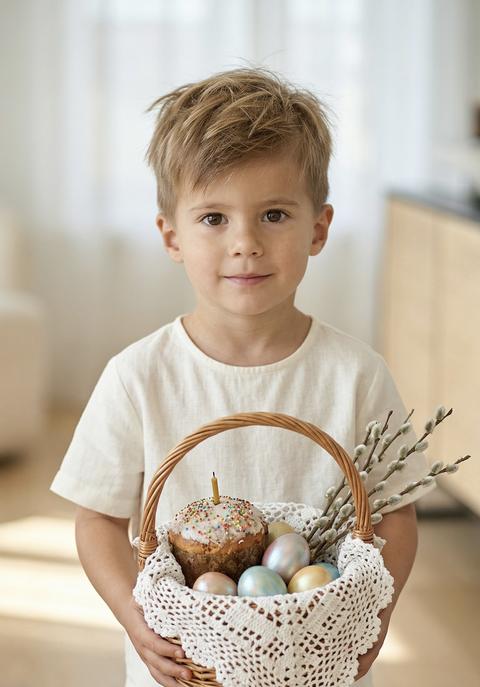 Не меняя внешность, возраст и волосы. Портрет мальчик  одет в молочную льняную рубашку и молочные льняные штаны\. Мальчик  держит в руках корзинку плетеную, в ней яйца крашенные перламутровые, пасха с посыпкой, и верба, частично прикрыто все белым ажурным платком, выражение лица спокойное, уверенное с легкой улыбкой , взгляд направлен прямо в камеру\. Фон — светлая комната с солнечным светом\. Стиль фотографии фотореалистичный, современный, с акцентом на чистоту деталей и натуральность внешности\. Освещение мягкое, студийное, равномерно освещающее лицо и форму, без жёстких теней, подчёркивающее текстуру ткани и естественный тон кожи\. Атмосфера спокойная, трогательная, передающая чистоту, аккуратность и символичность образа\. Крупный портретный план, высокая детализация лица, резкий фокус на глазах, малая глубина резкости, профессиональная портретная съёмка, объектив 85mm, f/2\.0, ultra realistic, natural skin texture, sharp focus, soft background blur, 8k resolution, high detail, professional photography\.
9:16
