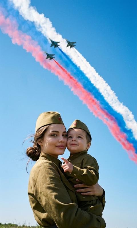 Сохрани внешность людей с фото. Сверхреалистичная необработанная фотография, естественная съемка с рук, сам телефон не виден в кадре.  Эмоциональный портрет 9 Мая в открытом поле, средний кадр, нижняя часть тела не видна, в кадре только верхняя часть тела и руки.  Снимок снизу с чрезвычайно низкого ракурса: мать и ребенок расположены слева от центра, поэтому они резко выделяются на фоне неба, причем почти весь фон представляет собой чистое ярко-голубое небо.  По всему небу, из угла в угол, три самолета летят по диагонали строем, оставляя чрезвычайно широкие, густые, эффектные следы дыма белого, синего и красного цветов, цветной дым, покрывающий почти все небо, смелый, драматичный и обширный, как гигантский российский флаг, нарисованный по всему воздуху над ними.  Мать крепко держит ребенка на руках, нежно прижимая ребенка к щеке и лицу матери.
 Мать смотрит прямо в камеру с мягкой нежной эмоциональной сомкнутой улыбкой, зубов не видно.  Ребенок показывает пальцем вверх в сторону самолетов и смотрит в небо с нежной трогательной улыбкой.  Оба носят одинаковые однотонные оливковые гимнастерки в советском стиле и одинаковые оливковые пилотки с маленькой красной звездой, из матовой военной ткани, простые и исторически вдохновленные, без современных деталей.  Легкий ветерок мягко колышет волосы матери и несколько распущенных прядей.
 Не меняй черты лица
Формат 9:16
Волосы у матери собраны в низкий пучок ,две пряди у лица .
Не делай фото темный и лица тоже