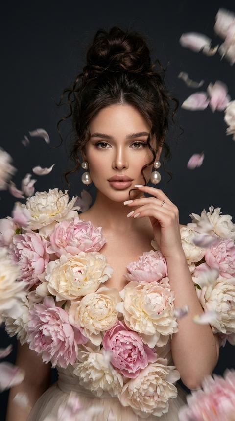 Создай крупный портрет, не меняя черты лица. Высокохудожественное фото в стиле рекламной кампании ювелирного бренда. Модель в платье из нежно-кремовых и пудровых пионов «взрывается» облаком лепестков.На ушах крупные жемчужные серьги. Она касается рукой завитка волос. Маникюр нюдовый квадратный . Волосы темные волнистые и длинные, собраны в небрежный высокий пучок Прядки по всей голове выбиваются . Макияж безупречный . Фон — глубокий антрацит. Высокая детализация летящих элементов, 8k, эффект motion blur на краях лепестков. Создай крупный портрет, не меняя черты лица. Высокохудожественное фото в стиле рекламной кампании ювелирного бренда. Модель в платье из нежно-кремовых и пудровых пионов «взрывается» облаком лепестков.На ушах крупные жемчужные серьги. Она касается рукой завитка волос. Маникюр нюдовый квадратный . Волосы темные волнистые и длинные, собраны в небрежный высокий пучок Прядки по всей голове выбиваются . Макияж безупречный . Фон — глубокий антрацит. Высокая детализация летящих элементов, 8k, эффект motion blur на краях лепестков.