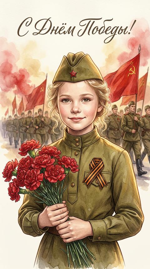 Портрет девочки 10–12 лет в стиле винтажного советского плаката: мягкая улыбка, длинные волнистые светлые волосы, пилотка с красной звездой, хаковая военная форма с высоким воротником и латунными пуговицами, георгиевская ленточка на груди, в руках букет ярко‑красных гвоздик. На фоне марширующие солдаты и развевающиеся красные флаги с серпом и молотом, дымчатые красно‑розовые облака. Акварельная текстура бумаги, тонкая кистевая штриховка, теплое кинематографическое освещение, реалистично‑иллюстративный, детализированный, вертикальная композиция, надпись вверху «С Днём Победы!» каллиграфия красным на русском языке.