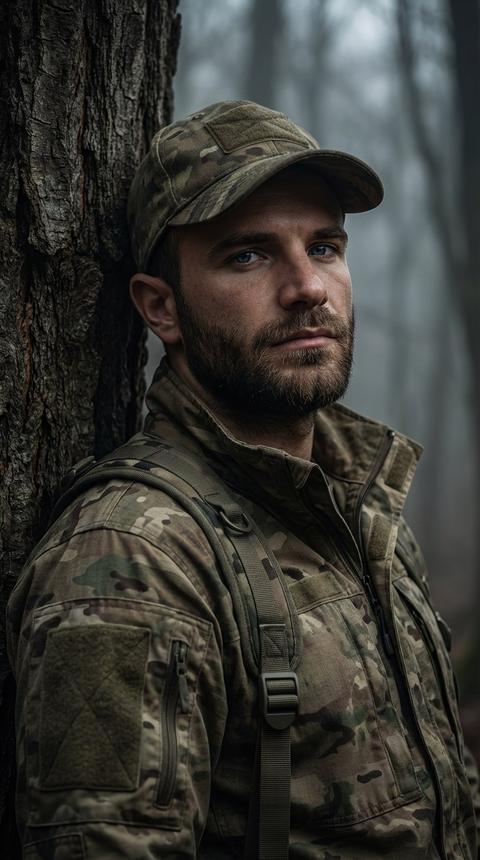 Создай портрет, не меняя черты лица. Портрет  охотника в густом туманном лесу. Мужчина, одет в поношенную камуфляжную одежду землистых тонов, тактическую куртку и кепку. На плече виден ремень от снаряжения. Он стоит, прислонившись к стволу старого дерева. Освещение приглушенное, драматичное, создающее глубокие тени. Атмосфера меланхоличная и напряженная. Высокая детализация текстур кожи, ткани и коры дерева, кинематографичный стиль, фотореализм, 8k.