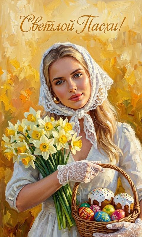 Схожесть 100%, не меняй черты лица.
Гиперреалистичное, вертикальное фото – точная копия изображения из референса: девушка 30 лет в белом легком льняном платье, на голове кружевной платок завязанные спереди, на руках белые, кружевные перчатки, она обнимает огромный букет нарциссов и держит в руках плетеную корзину с ярко-разукрашенными пасхальными яйцами и пасхальными куличами с белой глазурью, и посыпкой. 
Стиль: густая, масляная живопись с выраженными мазками (oil painting, heavy brushstrokes).
Фон в теплых, желто-оранжевых тонах с выраженными мазками. 
В верхней части изображения художественная надпись, выполненная каллиграфическим шрифтом в тон к общей палитре: Светлой Пасхи!
Мягкий, солнечный свет, малая глубина резкости, создающая уют и тепло. 9:16
