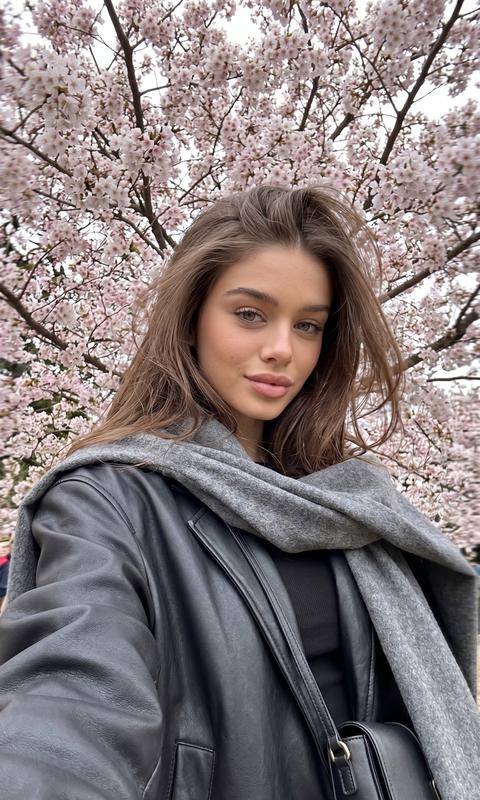 СТРОГО сохранить внешность 1:1 — лицо, черты, пропорции, текстуру кожи, без ретуши. Вертикальный кадр 9:16. Девушка делает селфи, держит камеру рукой, камера вне кадра, кадр слегка наклонён, лицо ближе к объективу, спокойная уверенная улыбка, взгляд в камеру, волосы мягко смещены ветром. Одежда: чёрная кожаная куртка oversize с матовой фактурой, чёрный топ, серый шерстяной шарф на плечах, маленькая чёрная сумка через плечо. Фон: плотные ветки сакуры с розовыми цветами, заполняют верх кадра. Эффект живого кадра, лёгкое размытие по краям. Свет мягкий дневной. Камера iPhone, лёгкое зерно.