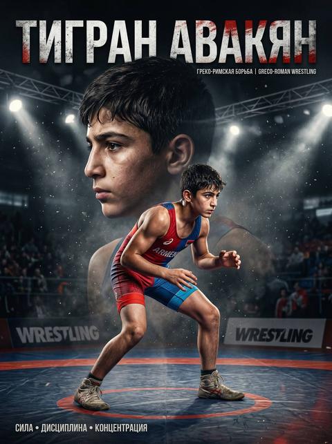 Создай кинематографичный спортивный постер с юным борцом брюнетом греко-римского стиля.
Сцена: профессиональный зал для борьбы или арена, с драматичным освещением (контрастный свет сверху и сзади). Атмосфера напряженная, спортивная, с легкой пылью/туманом в воздухе.
Композиция:
На переднем плане — мальчик в полный рост в стойке борца (готов к захвату или в момент атаки)
Динамичная поза: напряженные мышцы, концентрация
На полу — борцовский ковер с круговой разметкой
На заднем плане — крупный портрет этого же мальчика (лицо в профиль серьезный, сосредоточенный взгляд)
Внешний вид:
борцовское трико (красное/синее или комбинированное)
борцовки (специальная обувь)
спортивное телосложение, но возрастное (не взрослое)
короткая стрижка
Фон:
затемненный спортивный зал или арена
прожекторы сверху (лучи света через дымку)
возможен эффект толпы в расфокусе или абстрактный темный фон
Цветовая палитра:
темные оттенки (черный, графит, темно-синий)
акценты красного или синего (форма)
теплые световые блики (прожекторы)
Текст:
Имя и фамилия (например): "{FULLNAME}"
Шрифт: мощный, спортивный, слегка текстурированный (металл/камень)
Стиль:
гиперреализм
спортивный рекламный постер
cinematic lighting
dramatic contrast
высокая детализация
depth of field
Эффекты:
частицы пыли в воздухе
световые лучи
легкий дым/туман
акцент на текстуре кожи, ткани, ковра
ощущение движения и силы
Атмосфера:
сила
дисциплина
концентрация
дух соревнования