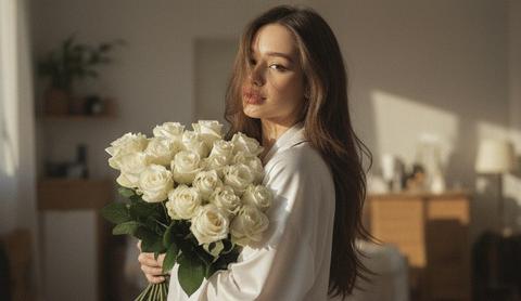 Не меняй черты лица; оставь их точно такими, как на загруженной фотографии, включая макияж и прическу. Эта композиция-триптих изображает женщину дома с цветами во время золотого часа. На ней свободная белая кимоно-пижама. Фотография поясная. Верхний кадр — крупный план портрета женщины, смотрящей вбок в камеру, держащей огромный букет белых роз. На заднем плане светлая комната. Центральный кадр показывает крупный план этих белых роз, ту же женщину, держащую их в руках. Нижний кадр — крупный план портрета той же женщины, с запрокинутой головой, с закрытыми глазами, прижимающей тот же букет роз к груди. На всех кадрах ее волосы падают на лицо, скрывая его часть. Цветовая палитра приглушенная, с нежными цветами. Общий стиль навевает романтику.
Присутствует видимое зерно. Солнечный свет падает на каждый кадр. Каждый кадр имеет кинематографический эффект с добавленным зерном.