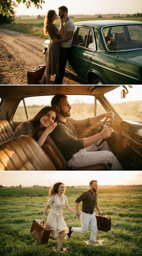 Мягкое, рассеянное золотистое сияние, словно жидкий мед, просачивалось сквозь невидимые листья, оставляя пятна света на темно-зеленых изгибах винтажного седана. Его приглушенный хром поблескивал, как состаренное серебро, пока машина лениво стояла под углом на пыльной проселочной дороге, мелкий песок цеплялся за ее шины. Позади нее дорога растворялась в солнечном боке дальних полей, смягченных дымкой, простираясь к дрожащему горизонту возможностей.

Рядом с безмолвной машиной пара замерла в нежном объятии, мягко вырисовываясь силуэтами на фоне теплого румянца позднего дня. Ее кончики пальцев легко касались едва заметной щетины на его подбородке в тихой ласке, а его рука притягивала ее ближе, защищающая и нежная. Их лица висели в дюймах друг от друга, дыхание смешивалось, преданность невысказанная, но ощутимая в золотистом воздухе. У их ног на потрескавшейся земле покоился потертый коричневый кожаный чемодан, его шрамы шептали о прошлых путешествиях и намекали на новые, грядущие. Вся сцена казалась по-настоящему кинематографичной, будто сошла со старой кинопленки, вневременной и выразительной.

Внутри машины салон наполняла туманная золотистая интимность. Пылинки плыли, как звезды, сквозь косые солнечные лучи. Мужчина сосредоточенно сжимал руль, его профиль был четким, но смягченным светом, решимость застыла в его взгляде. Женщина прижалась близко, ее плечо тепло касалось его, а губы искривляла понимающая улыбка. Хотя ее глаза были скрыты сиянием, ее поза говорила о доверии и глубокой связи. Потертые кожаные сиденья и тусклые хромированные приборы были окутаны одной и той же сепиевой дымкой, создавая приватный, уединенный мир — мимолетный момент, запечатленный с тихой точностью.

Внезапно сцена раскололась в стремительном движении. По невероятно зеленому простору покрытой росой травы пара бежала, их шаги были мощными и отчаянными, разбрызгивая бриллианты росы в воздух. Ее кремовое платье развевалось, как шелковое облако, его белые брюки резко выделялись на фоне яркой зелени. Каждый сжимал чемодан, костяшки побелели, детали размывались скоростью. Их лица мелькали с выражением срочности и решимости — глаза широко открыты, челюсти сжаты — пока инерция и размытие движения поглощали кадр. Богатые кинематографические тона превратили их отчаянное бегство во вневременной образ спасения и решимости.