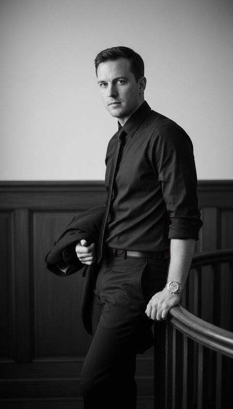 Портрет мужчины, непринужденно опирающегося на изогнутые деревянные перила, держащего сложенную куртку в одной руке, композиция в три четверти длины, снятая с ракурса на уровне глаз, взгляд сфокусирован прямо в камеру. Одет в черную рубашку с длинными рукавами на пуговицах, рукава закатаны до локтей, заправленный черный узкий галстук, черные брюки, серебряные аналоговые наручные часы с металлическим ремешком. Интерьер, на фоне темные деревянные панели и простая белая стена. Мягкое рассеянное боковое освещение слева создает мягкие тени на лице и складках одежды с высокой контрастностью в полутонах. Монохромная черно-белая цветовая палитра, задумчивая интроспективная атмосфера. Снято на портретный объектив 85 мм с малой глубиной резкости и кремовым боке на элементах фона. Фотореалистичный стиль пленочной фотографии с мелким зерном, очень детализированная естественная текстура кожи, идеальная анатомия, разрешение 8K.