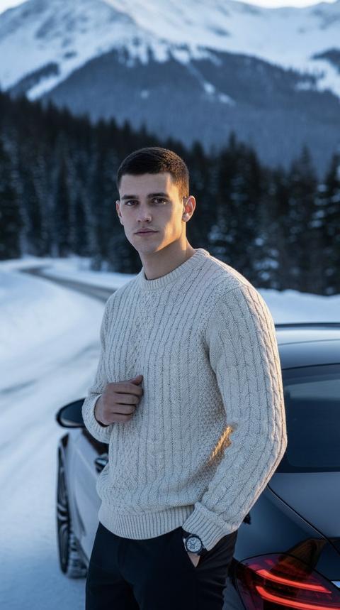 СТРОГО СОХРАНИ ВНЕШНОСТЬ человека с загруженного фото, 1:1.
Не менять лицо, пропорции, мимику.
Лицо из референса — ЕДИНСТВЕННОЕ допустимое.
Фотореалистичный зимний fashion-кадр.
Средний план.
Поза: мужчина стоит рядом с черным автомобилем.
Одна рука в кармане, вторая касается лацкана пальто.
Поза естественная, уверенная, без позирования.
Одежда:светлый вязаный СВИТЕР без куртки и без верхней одежды.
Фактура вязки хорошо читается.
Фон: снежная горная дорога, лес, горы.
Фон автомобиль справа. 
слегка размыт, глубина резкости малая.
Свет: холодный дневной + тёплый золотой контровой.
Контрастный, объёмный, кинематографичный.
Единый стиль с первым кадром.