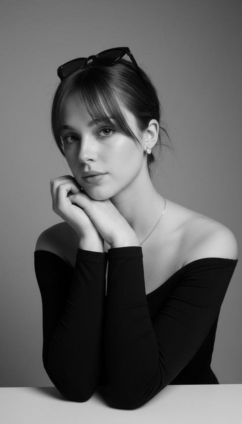 Создай ультрареалистичный чёрно-белый минималистичный портрет. Женщина в кадре в три четверти, поза спокойная: локти опираются на невидимую поверхность, руки сложены под подбородком, взгляд прямой и мягкий. Гладкий ровный фон, глубокие тени и чистый свет без шумов и размытости. На ней чёрный лонгслив, причёска, как на референсе, 1:1.
Свет жёсткий направленный сверху-сбоку, создаёт выразительную тень от носа и подбородка, подчёркивает скулы, ресницы и блики глаз. Контраст средне-высокий, без пересветов и потери деталей.
Качество: ultra realistic 8K, hyper-detailed skin texture, видимые поры, без «пластика», без сглаживания. Монокром, чистый градиент серого, black & white film look, lens 85mm f/2.0, crisp edges, глубокие тени, мягкий переход света. Создай ультрареалистичный чёрно-белый минималистичный портрет. Женщина в кадре в три четверти, поза спокойная: локти опираются на невидимую поверхность, руки сложены под подбородком, взгляд прямой и мягкий. Гладкий ровный фон, глубокие тени и чистый свет без шумов и размытости. На ней чёрный лонгслив, причёска, как на референсе, 1:1.
Свет жёсткий направленный сверху-сбоку, создаёт выразительную тень от носа и подбородка, подчёркивает скулы, ресницы и блики глаз. Контраст средне-высокий, без пересветов и потери деталей.
Качество: ultra realistic 8K, hyper-detailed skin texture, видимые поры, без «пластика», без сглаживания. Монокром, чистый градиент серого, black & white film look, lens 85mm f/2.0, crisp edges, глубокие тени, мягкий переход света.