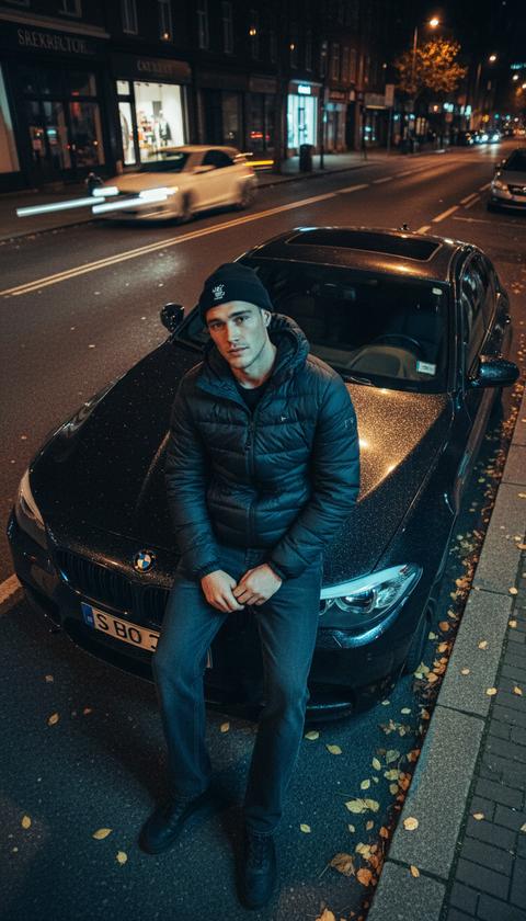(современная городская уличная фотография, ночной снимок, резкая ночная атмосфера, среднее зерно, прямой взгляд, сверкающий фокусный элемент, 8k)

**Объект:** Молодой человек, **с лицом, полностью сохраненным как на эталонной фотографии (те же черты, пропорции, детали кожи)**, в черной графической шапке-бини с небольшим белым узором. У него **уверенное, расслабленное выражение лица, он смотрит прямо в объектив камеры.**

**Поза и действие:** Он **сидит на переднем левом углу капота BMW M5 F10**, в частности, **рядом с фарой со стороны водителя**. Его осанка прямая, но непринужденная, руки, возможно, лежат на бедрах или в карманах его черной легкой пуховой куртки. На нем свободные темные джинсы.

**Сцена и местоположение:** Ночь на городской улице. **BMW M5 F10** припаркован у обочины. **Зона переднего номерного знака автомобиля не видна с этого ракурса.** Сцена включает городской тротуар с витринами магазинов, уличными фонарями и разбросанными осенними листьями.

**Ключевые детали:** Капот **BMW M5 F10** имеет характерное **сверкающее серебристое или блестящее покрытие**, которое улавливает свет. Отражения видны на поверхности автомобиля. На заднем плане **фары проезжающего белого автомобиля создают световые следы с эффектом размытия движения**. **Композиция естественным образом скрывает любые номерные знаки.**

**Композиция и камера:** Высокий угол, центрированный широкий кадр. Небольшое искажение широкоугольного объектива добавляет динамизма. Ракурс сфокусирован на передней левой части автомобиля, где сидит мужчина. Глубокий фокус запечатлевает резкие детали улицы, тротуара, автомобиля и мужчины, сидящего на углу капота.

**Освещение и атмосфера:** Окружающее уличное освещение создает сцену в холодных тонах с теплыми акцентами от уличных фонарей. Сверкающий капот автомобиля служит фокусной точкой, отражая городские огни. Общий тон резкий, современный и наполненный ночной энергией.

**Технический стиль:** Имитация настроек ночного режима: ISO 800, f/1.8, выдержка 1/30 с. Среднее зерно пленки усиливает сырое, урбанистическое ощущение. Присутствует некоторое размытие движения от огней проезжающих автомобилей.

**Цветовая палитра:** Доминирующие холодные тона (черный, темно-синий, серебристый) контрастируют с теплыми оттенками уличного освещения. Сверкающий серебристый капот автомобиля является центральным визуальным элементом.

**Сохранение лица:** Строение лица, черты и личность объекта должны оставаться в точности такими, как на эталонном изображении. Только поза, одежда и окружение подлежат переосмыслению.

--ar 16:9 --style raw