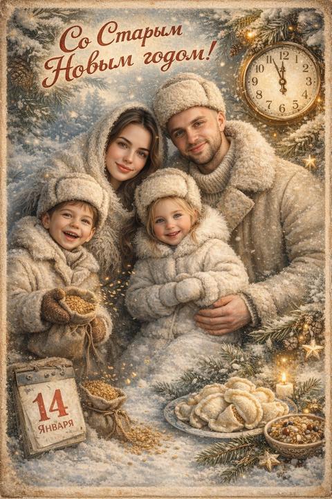 Сделай из этой фотографии винтажную  открытку в сказочном стиле, предназначенную для подарка.

ЛЮДИ (КРИТИЧЕСКИ ВАЖНО)

Используй загруженную фотографию как единственный и единственно допустимый визуальный источник людей.
В изображении должно быть ровно столько людей, сколько на исходной фотографии — ни больше и ни меньше.

Сохрани:
 • количество людей
 • их лица
 • возраст
 • индивидуальные черты

Каждый человек изображён один раз, лица не повторяются, не копируются и не дублируются.

Лица:
 • полностью узнаваемые
 • фотореалистичные
 • естественные
 • с сохранённой мимикой
 • без иллюстративной или рисованной стилизации

❌ Запрещено:
 • добавлять новых людей
 • добавлять фоновых персонажей
 • добавлять силуэты, отражения
 • добавлять фигуры в окнах или на заднем плане Композиция очень близкая и тёплая: лица рядом, лёгкие улыбки, ощущение семейного уюта в мороз.




ОДЕЖДА

Полностью замени одежду и обувь всех людей на светлую зимнюю меховую одежду в духе СССР:
 • меховые шапки
 • тёплая меховая шуба
 • пальто
• пуховой платок из натурального козьего пуха, мягкая фактура пуха читается

 • зимние комбинезоны с закрытыми ступнями  

Одежда:
 • чистая
 • опрятная
 • праздничная

Подбирается индивидуально для каждого человека, строго по полу и возрасту.
❌ Новые люди не добавляются.

Фон и атмосфера:
Заснеженный пейзаж, хвойные ветки с шишками, мягкий снег, лёгкая морозная дымка. Палитра тёплая (медово-золотистые блики + холодные голубые тени снега), уютный контраст “тепло в холоде”.

Ключевые элементы именно Старого Нового года (добавить как детали открытки, без новых людей):
 1. Отрывной советский календарь (маленькой деталью сбоку/внизу, как вставка на открытке): листок с датой «14 января» (ощущение “второго Нового года”).  
 2. Тонкий намёк на ночь 13→14 января: маленькие винтажные часы/циферблат в декоре открытки показывают 23:55, праздничное предвкушение.  
 3. Посевание на удачу: у мальчика в ладошке/у края кадра маленький мешочек/сито с пшеничным зерном, несколько зёрен “разлетаются” (очень аккуратно, как символ достатка и счастья в новом году).  
 4. Праздничная виньетка внизу (как иллюстративный уголок открытки): блюдце с варениками “с сюрпризом” (один слегка приоткрыт, видна условная “монетка/сахар” как знак гадания), рядом маленькая мисочка кутьи/зерновой каши (зерно + изюм/орехи).  
 5. Лёгкий “щедрый вечер”-декор без персонажей: маленькая звёздочка-украшение/колокольчики на хвое (как символ праздничных обходов и щедрования, без добавления людей).  

Надпись:
Крупно сверху красивой винтажной типографикой:
«Со Старым Новым годом!»

Стиль печати:
Старинная советская открытка 1950–1970-х: лёгкая фактура бумаги, мягкая печать, чуть заметное зерно/потёртость, тёплый тон, аккуратная виньетка по краям, без современной “глянцевости”.
Формат 9:16