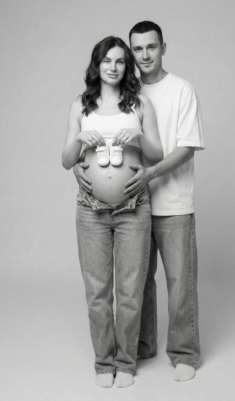 Этот запрос должен быть применен к людям на фотографии. Важно: Не изменяйте и не искажайте лица. Не меняйте выражение лиц. Лица должны быть полностью сохранены, как на исходных фотографиях. Используйте черты лица и сходство с предоставленных эталонных изображений. Сгенерируйте сцену вокруг них, но сохраните их лица идентичными. Запрос: Черно-белый студийный портрет в полный рост беременной женщины и мужчины, обнимающихся. Мужчина стоит позади женщины и обнимает ее живот, его руки на ее животе. Женщина стоит прямо к камере, держа маленькие белые детские туфли на шнуровке перед своим животом, оба смотрят в камеру. Женщина одета в белый кроп-топ, который открывает ее живот, и свободные светло-голубые джинсы. Мужчина одет в белую оверсайз футболку и светло-голубые широкие джинсы. Оба позируют босиком. Волосы женщины уложены легкими волнами. Перспектива на уровне глаз, фон однородный светло-серый, освещение мягкое и равномерное, свет