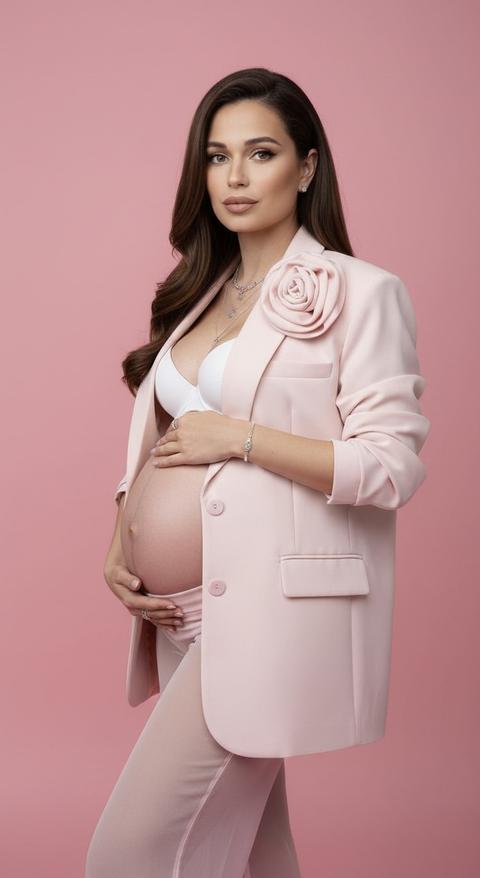 Фото беременной женщины. Женщина стоит в полный рост, ее тело слегка повернуто, одна нога впереди, обе руки на животе, она смотрит прямо в камеру. Поза статичная, подчеркивающая ее фигуру и центральное положение тела в кадре.

Полноростовой портрет, снятый с уровня глаз.

Студийный макияж: ровный, матовый тон кожи, мягкие тени для век и выразительные ресницы, а также нейтральные, неблестящие губы розово-бежевого оттенка.

Наряд включает в себя объемный, прямого кроя розовый пиджак с пышной декоративной розой на плече, белый бюстгальтер и полупрозрачные, с высокой талией, мягко драпирующиеся розовые брюки. Аксессуары включают многослойное ожерелье, браслет и кольца.

Место съемки: студия, однотонный розовый фон без текстуры.

Освещение — профессиональное студийное, с мягким, рассеянным светом. Основной свет расположен фронтально и немного сверху. Заполняющий свет минимизирует тени, тени мягкие и неглубокие, контраст низкий, свет равномерно распределен по фигуре и фону, атмосфера нейтральная и ясная.

Снимок сделан портретным объективом 50 мм, со средней глубиной резкости и резким фокусом на фигуре. Он очень детализированный и фотореалистичный.