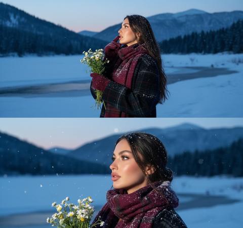 Стиль Y2K 
Коллаж из двух горизонтальных фотографий, одно над другим, как единое изображение. Реалистичные зимние фото, без глянцевой ретуши, естественная текстура кожи, сохранить мои реальные черты лица. Съёмка на фоне заснеженного пейзажа у замёрзшей реки или озера, вдали тёмный лес и горы, небо холодное, вечернее, в оттенках голубого и бледно-розового.

Верхнее фото: я в полупрофиль по пояс, стою на снегу, в руках букет полевых цветов (мелкие белые и жёлтые цветы с зелёными стеблями). На мне тёмное длинное пальто в клетку, бордовый шарф в клетку и бордовые вязаные перчатки. Длинные распущенные волосы, на плечах и волосах лежит снег. Я смотрю вверх, к небу, одной рукой в перчатке прижимаю пальцы к губам, поза спокойная и немного мечтательная.

Нижнее фото: крупный план моего лица в профиль или три четверти, фон размытый синим снегом и горой. Видны длинные ресницы, аккуратный макияж, румянец от холода на щеках, немного покрасневший кончик носа, губы с лёгким влажным блеском. Тот же бордовый шарф плотно обвивает шею, на волосах и шарфе лежат снежинки. Несколько снежинок в воздухе перед объективом, лёгкий боке-эффект.

Освещение во всех кадрах — смесь холодного естественного вечернего света и вспышки фотоаппарата: фон уходит в глубокий синий, а моё лицо и одежда подсвечены более тёплым, ярким светом, без пересвета, но с чёткой детализацией кожи, волос, снега и ткани. Коллаж из двух горизонтальных фото сразу, всё то же самое, но с моим лицом.