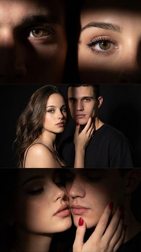 Триптих из трех горизонтальных панелей. Все три панели одного размера. Изображение показывает мужчину и женщину в серии связанных кадров, снятых в одном и том же темном пространстве с акцентом на их лица, взгляды и прикосновения, без смены локации.

На верхней панели показаны только глаза двух людей, расположенные рядом в одном горизонтальном поле: глаз мужчины слева, глаз женщины справа. Их лица частично скрыты тенью, взгляды направлены прямо вперед, головы зафиксированы под неизменным углом. Это экстремальный крупный план, сфокусированный исключительно на глазах.

На средней панели мужчина и женщина показаны по пояс, расположенные рядом, с линией тени между ними. Мужчина находится справа, женщина слева, в ракурсе три четверти. Их лица частично освещены боковым светом. Женщина смотрит в сторону камеры, мужчина смотрит прямо в объектив, и женщина касается щеки мужчины. Крупный план.

Нижняя панель показывает крупный план лиц мужчины и женщины, их губы находятся близко друг к другу. Женщина прикасается к лицу мужчины рукой, ее пальцы лежат на его щеке. Их головы наклонены друг к другу, а глаза находятся за кадром. Крупный план акцентирует внимание на губах и руке.

Макияж женщины включает ровный матовый тон кожи, выразительные ресницы и аккуратную черную подводку. Ее губы покрыты плотным матовым покрытием нейтрального розовато-бежевого оттенка. Ногти накрашены красным. Волосы женщины распущены и имеют естественный объем.

Одежда: Мужчина одет в оверсайз черную футболку, женщина — в черный топ на тонких бретельках.

Съемка происходит в темной студийной обстановке; фон полностью темный и лишен каких-либо различимых деталей, пространство используется как нейтральная среда.

Освещение драматическое и направленное, с жестким боковым источником света, создающим резкие полосы света и глубокие тени. Свет подчеркивает контуры глаз, губ и кожи, в то время как тени плотные и четко очерченные, создавая высокий контраст и кинематографическую атмосферу.

Съемка представляет собой драматический портретный триптих, сделанный на портретный объектив 50 мм, с малой глубиной резкости, низким уровнем освещенности, ракурсом на уровне глаз и высокодетализированным, фотореалистичным видом.