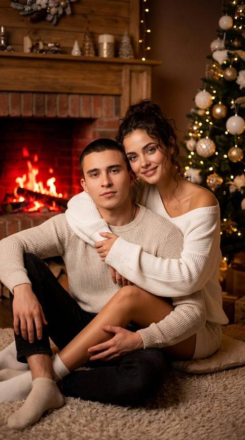 На изображении запечатлена пара, которые сидят вместе в уютной новогодней обстановке.  мужчина, одетый в светлый вязаный свитер с округлым вырезом, сидящий на полу с согнутыми ногами. У него расслабленная, но уверенная поза, он немного наклонился вперед, чтобы его руки легли на колени. Его взгляд направлен в камеру. Женщина, обнимающая его, откинулась назад с улыбкой, что добавляет сцене интимности и тепла. Она находится за его спиной, с красивыми волнистыми волосами, собранными в небрежный стиль. На ней белый свитер с широкими рукавами, который спадает на плечи, создавая уютный и стильный вид.  Сохрани черты лица мужчины и женщины без изменений. 
Сцена расположена в теплой, уютной комнате, где на заднем плане находится украшенная елка с белыми и золотыми шарами, что добавляет праздничную атмосферу. На стене виден кирпичный камин, из которого вырываются красные и оранжевые языки пламени, создавая мягкое свечение в комнате. Камин обрамлен деревянной полкой, на которой могут находиться различные предметы декора.  
Общее освещение в комнате теплое и мягкое, источником света является огонь в камине, который отбрасывает легкие тени и создает романтическую атмосферу. Дополнительное свечение исходит от огоньков на елке, которые переливаются, добавляя еще больше уюта. 
Цветовая палитра сцены включает теплые бежевые, кремовые и золотые тона, создавая гармонию и уют. 
Фокус композиции смещен на пару, сидящую в центре изображения, в то время как задний план с камином и рождественской елкой наполняет картину атмосферой праздника. Эта композиция создает ощущение близости и нежности между персонажами, делая сцену эмоционально привлекательной и теплой.