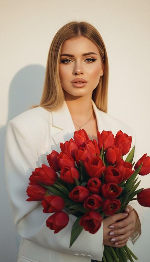 Крупный план лица девушки в стиле "высокой моды". в стиле Олд Мани длинные  
Фото в золотой час Элегантный макияж глаза с длинными острыми черными стрелками, длинные густые ресницы Хайлайтер во внутренних уголках и на кончике носа/скулах. Пухлые губы слегка приоткрыты, легкий блеск
На ней белый пиджак оверсайз 
В руках она держит огромный букет красных тюльпан, они на переднем плане Теплое, зернистое освещение, высокая контрастность.Высокая детализация текстур кожи, одежды и волос. Черты лица-полностью сохранены как на референсном фото.
Формат 9:16
Фон белая стена