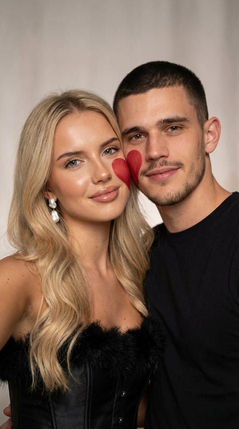 Вертикальный кадр 9:16, ультра-качество 8K, сверхвысокая детализация, чистая картинка без шумов и артефактов, реалистичные текстуры кожи, волос, меха и ткани, профессиональная фотосъёмка, мягкое киношное боке, высокая микродетализация (micro-details), естественная резкость без перешарпа.

 • Upscale: 2x–4x, итог 8K (например 4320×7680 для 9:16)
 • High detail / High fidelity mode: ON
 • Face identity strength: высокий (70–90%), чтобы сохранить лицо
 • Denoise/variation strength: низкий–средний (0.25–0.45), чтобы не испортить сходство
 • Sharpen: very mild / natural (избегать перешарпа)
 • Texture preservation: ON (hair/skin/fur)
 • Photoreal mode: ON
 • Seed: фиксированный (для повторяемости)
 • Lighting consistency: ON
 • Anti-artifacts / deblock / anti-banding: ON

Используй прикреплённое референс-фото женщины и мужчины как эталон идентичности. Сохрани внешность и черты лица 1:1: форма лица, пропорции, глаза, нос, губы, возраст, тон кожи, текстура кожи с порами, естественная асимметрия. Не менять причёску/цвет волос (как на референсе). Без бьюти-ретуши, без “кукольной” кожи, без стилизации.

Крупный план (селфи) привлекательной молодой пары (мужчина и женщина), нежно улыбающихся и стоящих очень близко друг к другу. Главный акцент – ярко-красное матовое сердце, нарисованное на их щеках, которое формирует единую целую фигуру, когда они находятся рядом. Женщина с очень длинными, кудрявыми волосами и глянцевым нюдовым макияжем, одета в черный корсет с пушистой меховой отделкой, носит серьги из барочного жемчуга. Мужчина с аккуратно уложенными волосами и легкой щетиной, одет в черную футболку. Освещение студийное, мягкое и равномерно рассеянное, что подчеркивает естественные тона кожи и создает интимную атмосферу. Композиция вертикальная, сфокусирована на лицах, фон светлый, нейтральный и размытый (боке). Стиль — высококачественный, эстетичный романтический портрет.не меняй черты лица ни на 1%. 