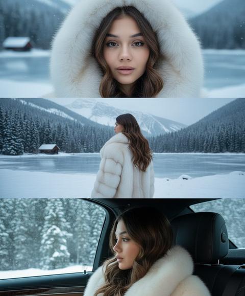 Гиперреалистичный портрет одной женщины в разрешении 8K, три горизонтальных кадра, расположенных вертикально (~33% каждый), бесшовный коллаж, без границ и линий.
Одна и та же женщина во всех кадрах, идентичная исходному изображению 1:1 — то же лицо, пропорции, структура костей, естественная красота. Гиперреалистичная кожа: видимые поры, без сглаживания.
Общие детали модели (для всех кадров):
Длинные, густые, роскошные распущенные волны, всегда полностью распущенные (СТРОГО: без пучков, без косичек, без частичного завязывания, без заколок), мягкий естественный блеск, реалистичные пряди.
Нежный роскошный макияж: сияющая кожа, легкий контур, теплые румяна, натуральные длинные ресницы, нюдовые сатиновые губы. Легкий зимний румянец от холода.
Шуба: роскошная премиальная цвета слоновой кости, очень пушистая, мягкая и объемная, полностью застегнута, без пуговиц, без поясов, другая одежда не видна. Капюшон надет или снят по указанию.
Кинематографическая профессиональная зимняя фэшн-фотография, тихая роскошь, спокойствие, дороговизна, безмятежность, мягкий пасмурный зимний свет, слегка облачная атмосфера, легкий туман и дымка, мягко падающие редкие снежинки, легкая зимняя дымка, прохладные сине-серые тона, морозные блики, ледяное и атмосферное зимнее настроение.

Верхний кадр — Ультра-крупный план (Лицо по центру, Мега-зум, СТРОГО КРУПНЫЙ ПЛАН, УЛЬТРА-ЖЁСТКО, Съемка на уровне глаз)
Лицо полностью заполняет кадр от подбородка до макушки, съемка на уровне глаз, очень близко (СТРОГО, ВАЖНО).
Лицо суперреалистичное, как живое, с точными чертами лица, соответствующими исходному изображению (СТРОГО, ВАЖНО).
Кожа гиперреалистичная, полные поры, микротекстура, естественное свечение, нулевое сглаживание. Выражение лица спокойное, уверенное, женственное.
Глаза остро смотрят прямо в камеру (СТРОГО, ВАЖНО).
Волосы полностью распущены, естественно струятся по обеим сторонам лица; едва видны по краям; СТРОГО: без пучков, без косичек, без частичного завязывания, без заколок, без отсутствующих прядей (ВАЖНО).
Меховой капюшон чрезвычайно объемный, роскошный, глубокий, мягкий, плюшевый, полностью окружает лицо (СТРОГО, ВАЖНО).
Фон: далекий приглушенный вечнозеленый лес, мягко размытый; СТРОГО без озера, хижины, дома, машины, интерьера, искусственных объектов, воды, других элементов.
Холодный зимний дневной свет с легким сине-серым морозным оттенком.
Атмосфера: интимная, близкая, премиальная, гармонирующая с другими кадрами.

Средний кадр — Замерзшее озеро (Съемка до середины бедра)
Среднеширокий план до середины бедра, показывающий более широкое окружение.
Женщина стоит полностью спиной к камере — ее лицо не видно.
Волосы полностью распущены, длинные, густые, естественно струятся по спине пальто. Капюшон снят, лежит ровно. Роскошная шуба цвета слоновой кости, полностью застегнута. Она стоит на снегу, четко видимом на переднем плане.
Фон: замерзшее отражающее озеро; заснеженные альпийские горы; обширный вечнозеленый лес; большая деревянная хижина на левом берегу.
Мягко падают легкие снежинки. Легкий туман/дымка добавляет глубины. Прохладные сине-серые зимние тона, ледяные блики, морозное атмосферное освещение.
Атмосфера: кинематографическая, спокойная, облачная, слегка мистическая, согласованная с другими кадрами. Выражение: скрыто; поза безмятежная и элегантная.

Нижний кадр — Интерьер Maybach (Масштаб портрета, Крупный-средний план)
Женщина сидит на заднем левом пассажирском сиденье.
Кадр плотный — только лицо женщины крупным планом в профиль, черный подголовник за ней, черный интерьер и окно.
Другие части салона автомобиля не видны.
Волосы полностью распущены, естественно струятся по обеим сторонам лица; без пучков, косичек, частичного завязывания, заколок или снега.
Она смотрит в окно, мягкий ракурс профиля. Вид из окна: густой заснеженный вечнозеленый лес, мягко размытый от мороза.
Естественный боковой свет освещает лицо; тени мягкие и минимальные. Легкий сине-серый окружающий морозный оттенок, ледяная зимняя атмосфера.
Выражение лица: спокойное, задумчивое, элегантное.
Атмосфера: интимная, премиальная, тихая роскошь.

Общий стиль и эстетика
Кинематографические, ультрадетализированные текстуры, высококлассный зимний репортаж.
Мягкий рассеянный пасмурный свет, легкая дымка, прохладная сине-серая зимняя палитра.
Все кадры согласованы по атмосфере, цвету, свету, настроению и стилю тихой роскоши, теперь с атмосферным холодным зимним настроением.