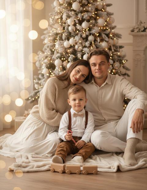 Этот запрос должен быть применен к людям на фотографии. Важно: Не изменяйте и не искажайте лица. Не изменяйте выражения лиц. Лица должны быть полностью сохранены, как на исходных фотографиях. Используйте черты лица и сходство из предоставленных эталонных изображений. Сгенерируйте окружение вокруг них, но сохраните их лица идентичными. Запрос: Фотореалистичный, очень детализированный, полноростовой портрет молодой семьи (мать, отец и мальчик), сидящей на светлом пледе в помещении. На заднем плане видна елка, украшенная белыми гирляндами и игрушками. Мальчик находится на переднем плане, сидит лицом к камере, одет в белую рубашку на пуговицах с бежевым галстуком-бабочкой, коричневые брюки на подтяжках и бежевые шерстяные носки. Он держит леденцовую трость, а вокруг него разбросаны бежевые деревянные игрушечные вагоны. Его родители сидят позади него, мать положила голову на плечо отца. Женщина одета в светло-бежевый вязаный свитер и белую юбку. Мужчина одет в светло-бежевую рубашку на пуговицах, белые брюки и бежевые шерстяные носки. Естественное и мягкое боковое освещение создает теплую и уютную атмосферу с мягкими тенями. Малая глубина резкости и кремовое боке сняты на портретный объектив 85 мм.