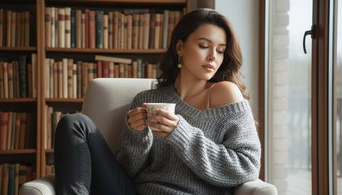 Уютная сцена, отображающая молодую девушку, около 25 лет, смуглой кожей и, вьющимися волосами. Она сидит, погруженная в умиротворение, прислонившись к спинке мягкого кресла. На ней объемный, вязаный свитер серого цвета, спущенный с плеч, и темные брюки. В руках она держит белую кружку с ненавязчивым цветочным узором, ее взгляд направлен вниз, глаза прикрыты, выражение лица спокойное и расслабленное. Тонкие золотые сережки украшают ее уши. Солнечный свет освещает ее лицо, подчеркивая мягкость черт и создавая тени. За спиной женщины виднеется старинный книжный шкаф, заполненный книгами различных размеров, а справа – большое панорамное окно, через которое проникают солнечные лучи. Композиция акцентирует внимание на уюте и тепле, создавая атмосферу покоя и медитации. Мягкое освещение, теплые оттенки и текстура трикотажа усиливают ощущение комфорта. Стиль фотографии – современный, с элементами богемного шика и мягкими акцентами на естественности. Уютная сцена, отображающая молодую девушку, около 25 лет, смуглой кожей и, вьющимися волосами. Она сидит, погруженная в умиротворение, прислонившись к спинке мягкого кресла. На ней объемный, вязаный свитер серого цвета, спущенный с плеч, и темные брюки. В руках она держит белую кружку с ненавязчивым цветочным узором, ее взгляд направлен вниз, глаза прикрыты, выражение лица спокойное и расслабленное. Тонкие золотые сережки украшают ее уши. Солнечный свет освещает ее лицо, подчеркивая мягкость черт и создавая тени. За спиной женщины виднеется старинный книжный шкаф, заполненный книгами различных размеров, а справа – большое панорамное окно, через которое проникают солнечные лучи. Композиция акцентирует внимание на уюте и тепле, создавая атмосферу покоя и медитации. Мягкое освещение, теплые оттенки и текстура трикотажа усиливают ощущение комфорта. Стиль фотографии – современный, с элементами богемного шика и мягкими акцентами на естественности.