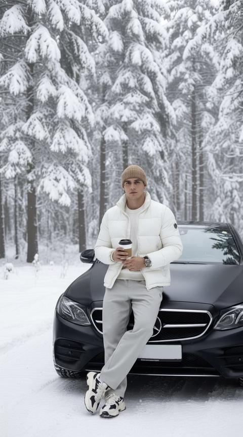 Создай портрет, не меняя черты лица. Фото в стиле Instagram, полный рост. Стильный мужчина атлетичного телосложения позирует, прислонившись к капоту матового черного Mercedes-Benz E-Class в заснеженном лесу. На нем белая дутая куртка (пуховик), светло-серые широкие джоггеры, бежевая шапка бини и массивные кроссовки. В руке он держит стакан кофе на вынос. Фон — густой хвойный лес, ветви деревьев покрыты пушистым снегом. Мягкое дневное освещение, легкая дымка, атмосфера роскошного зимнего отдыха. Высокое разрешение, реализм, профессиональная съемка на iPhone. Машина без номеров 