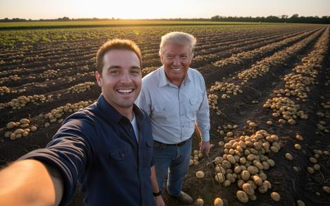 Копают картошку с трампом на вспаханном поле где много картошки, близкое фото, видно обоих, лицо один в один оставь, селфи, я на переднем плане